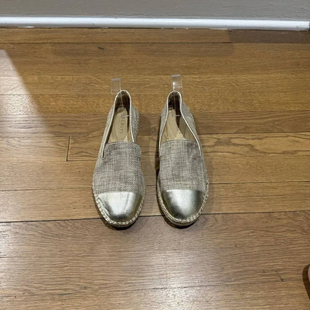 Talbots Izzy Beige Gold Linen Metallic Cap Toe Espadrille Flats Slip-On Sz 8.5 M